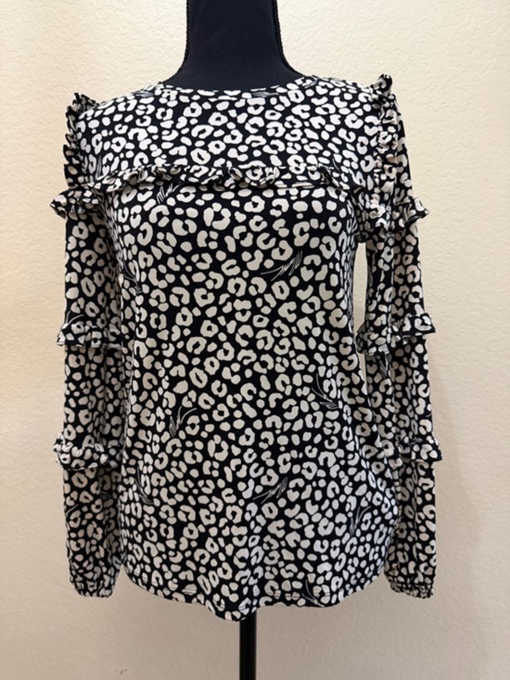 Michael Kors Black and White Leopard Ruffle Blouse